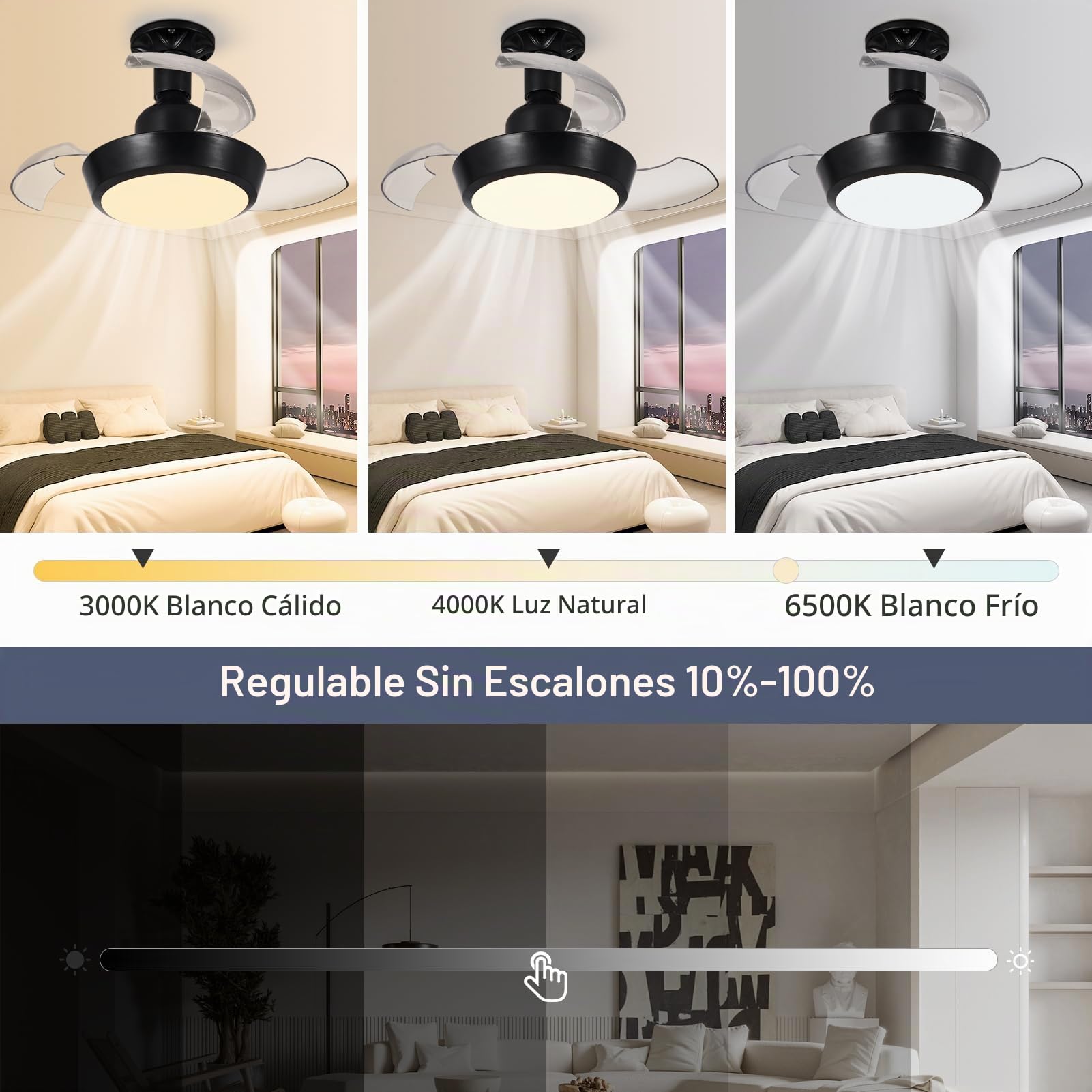HARPER LIVING Ventilador de Techo Pequeño con Luz y Mando a Distancia, Lámpara con Ventilador de Rosca E27 y 3 Aspas Retráctiles, Bombilla LED de 30 W, 1400 lm, 3CCT, 3 Velocidades, Negro
