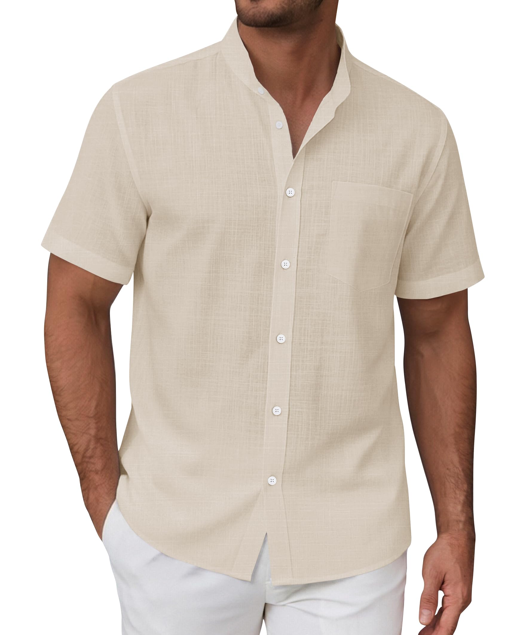 siliteelon Leinenhemd Herren Kurzarm Stehkragen Sommerhemd Freizeithemd Regular Fit Kragenloses Leinenshirt Standhemd