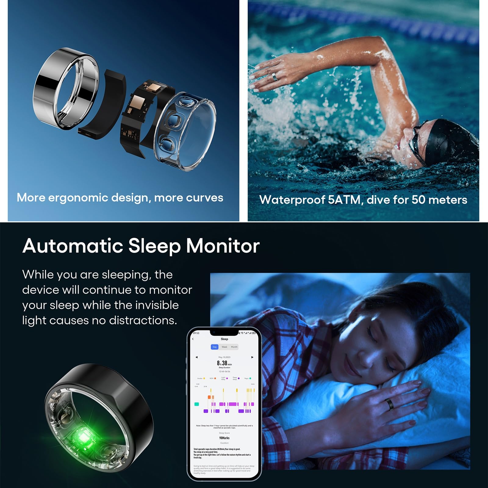 Smart Health Ring - Anello da dito indossabile, monitoraggio automatico del sonno, monitoraggio della salute con ossigeno nel sangue e cardiofrequenzimetro, fitness tracker impermeabile