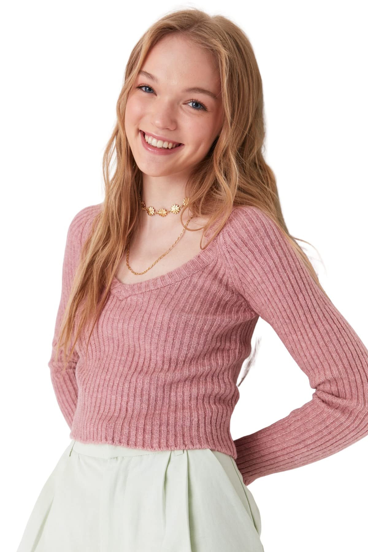 Trendyol Women Young Slim fit Basic V Neck Knitwear Sweater