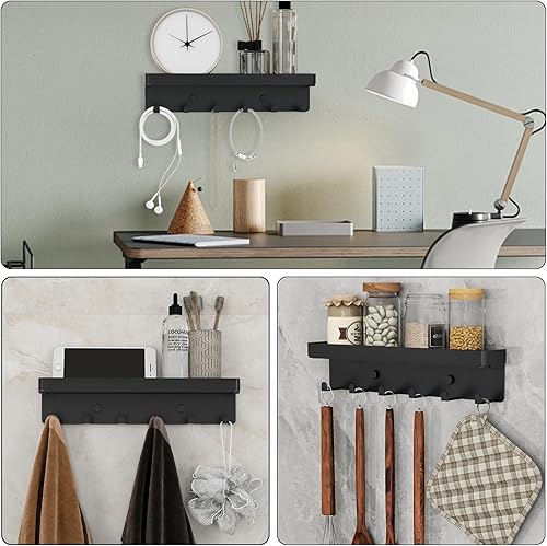 Miniatura 5 de Soporte para llaves de pared, organizador rústico de llaves y correo, 6 ganchos para llaves con estante, pequeño estante para llaves con bandeja,