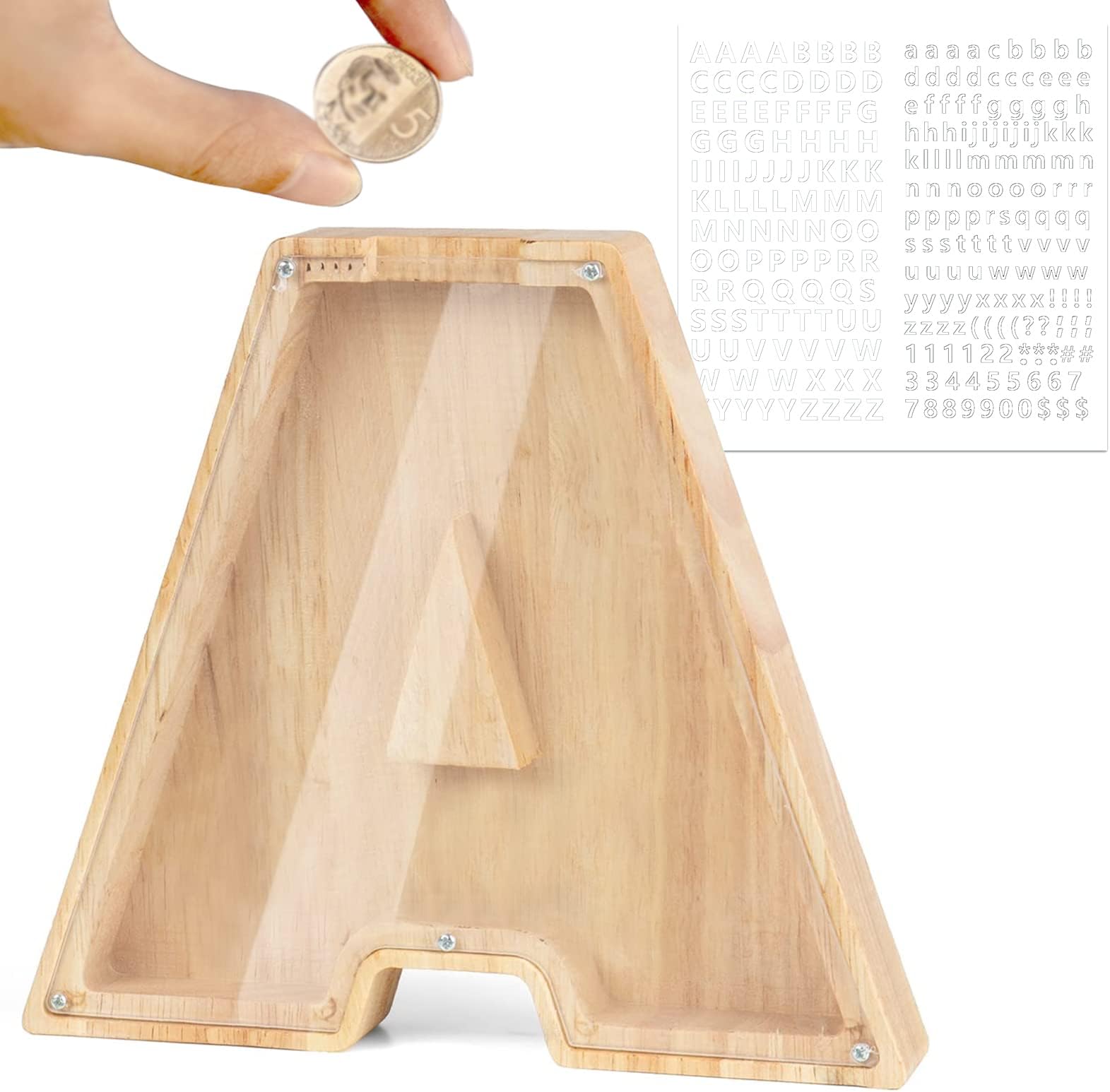 weallbuy Piggy Bank for Kids Personalized A-Z Letter Piggy Bank Wooden Transparent Letter Money Box Decoration Creative Money jar Gifts for Birthday, Christmas and Thanksgiving Day (A)