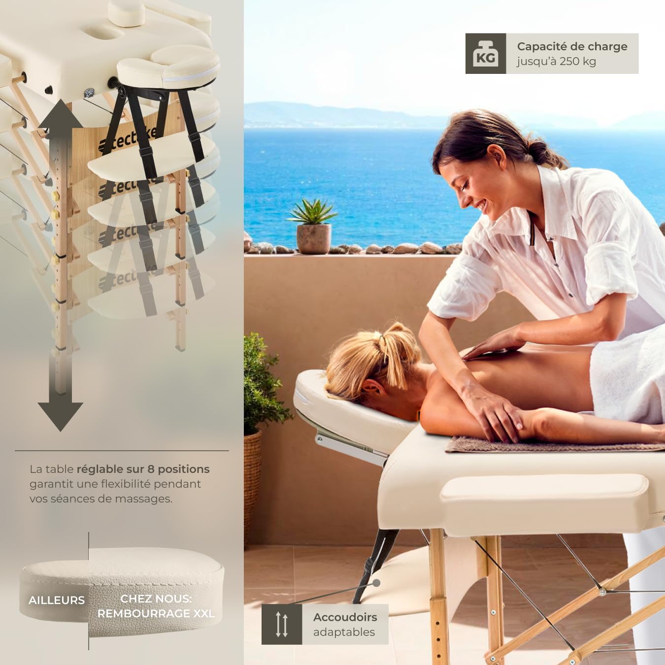 tectake® Table de Massage Pliante Professionnelle 2 Zones Ergonomique Massage et Relaxation Bois Table Esthetique Professionnel Lit de Massage Portable, Rouleaux & Housse de Transport - Beige