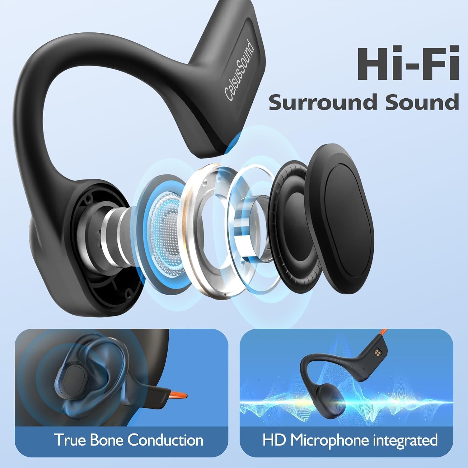 Cuffie a conduzione ossea, auricolari wireless impermeabili IPX7, auricolari aperti Bluetooth 5.3 con microfono, 10 ore di riproduzione per corsa, ciclismo, escursionismo, palestra,