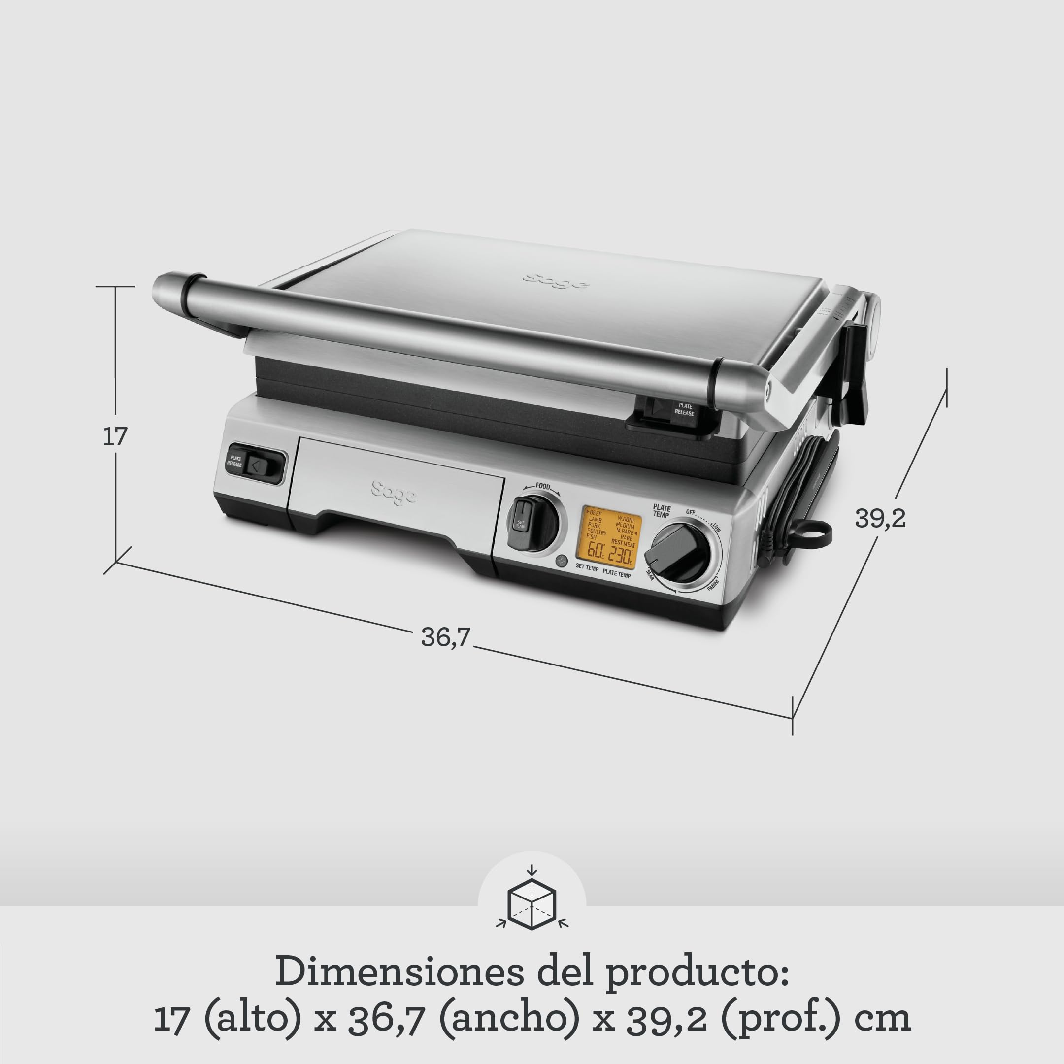 Sage Smart Grill Pro - Plancha con Modo Barbacoa, Acero Inoxidable | Placas Element iQ de 2400W, 5 Ajustes de Carne con Termómetro Integrado, Modo Barbacoa de 260 Pulgadas