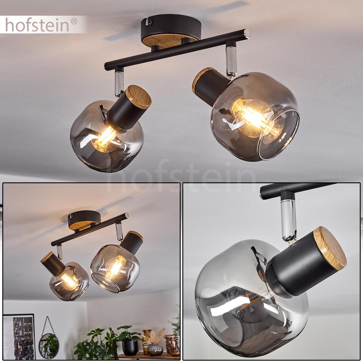 HOFSTEIN Lámpara De Techo Represita, Moderna Lámpara De Techo De Metal/ Madera En Negro/natural, Lámpara De Techo De Diseño Escandinavo, 3 Llamas, 3 X E27, Sin Bombillas