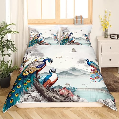 Miniatura 2 de Erosebridal Funda de edredón de pavo real para niños, diseño de plumas de mariposa, pájaros, flores, colorido, juego de ropa de cama de microfibra