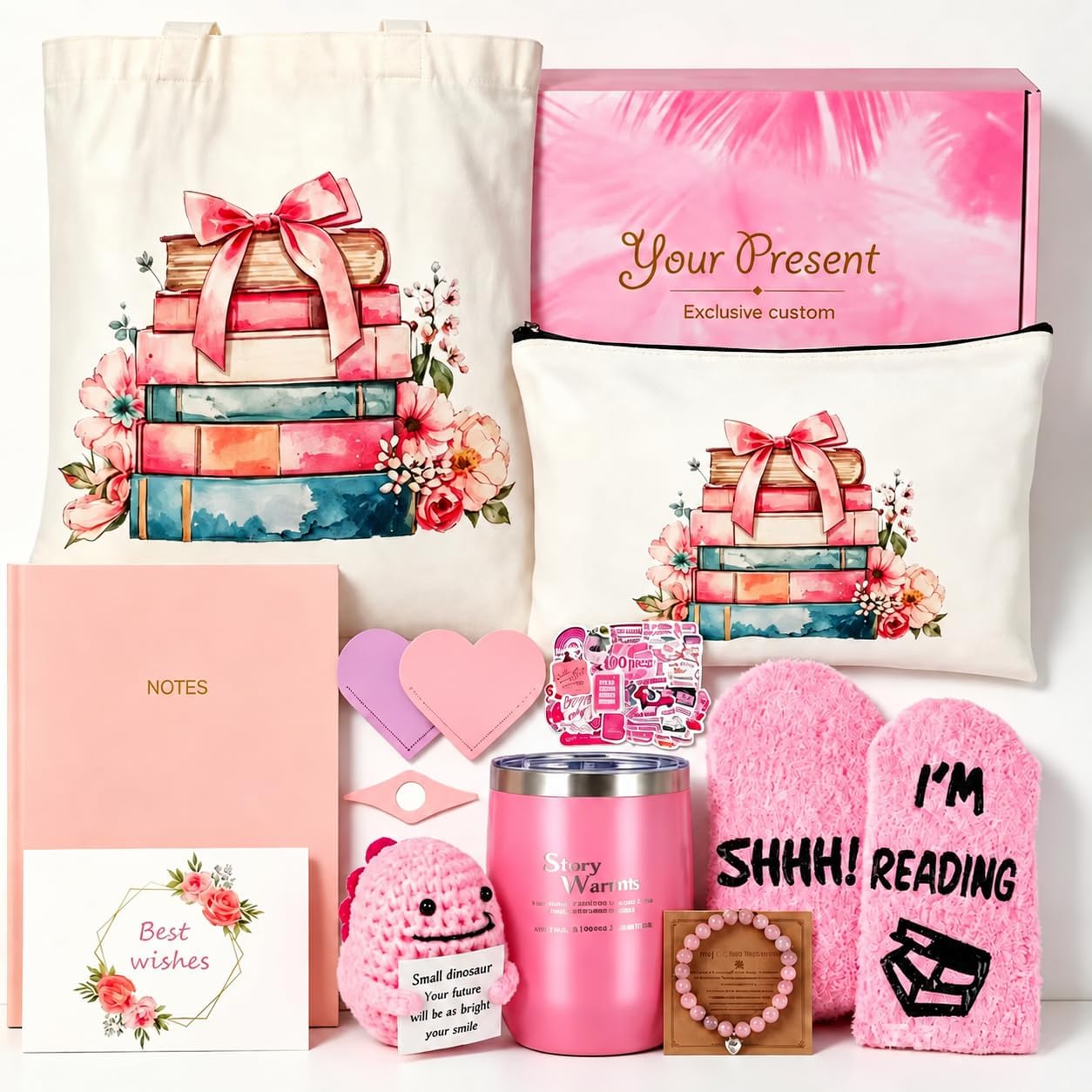Book Lovers Gifts, Premium Pink Series Gift Box Set with Rich Assorted Accessories Complete Reading Kit for Book Lovers Reading Accessories Birthday Christmas Holiday and Teacher Appreciation Gifts