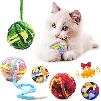 5 Piece Cat Ball Toy Set, 3 Wool Balls with Bells and 2 Bouncy Balls | Yarn Ball Cat Toys with Built-In Bells for Batting, Pouncing and Chasing, Plus Bouncy Balls for Kittens and Adult Cats
