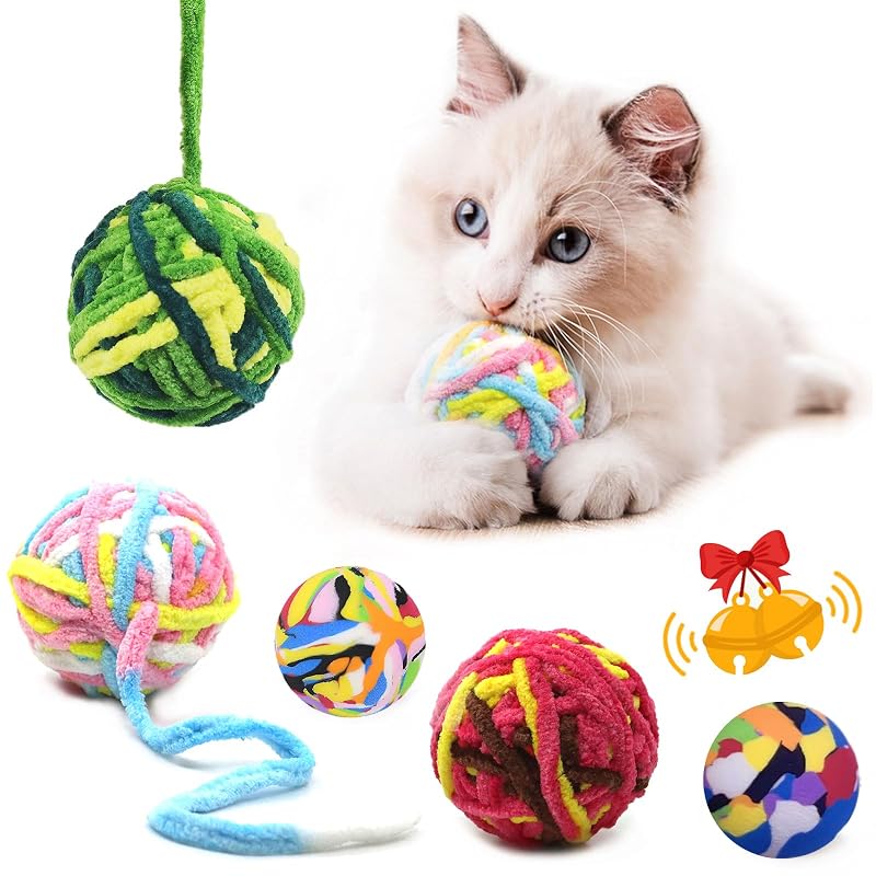 Brinquedo de bola para gatos com fios, guizos e bolas coloridas AP ARTSPER, pacote com 5