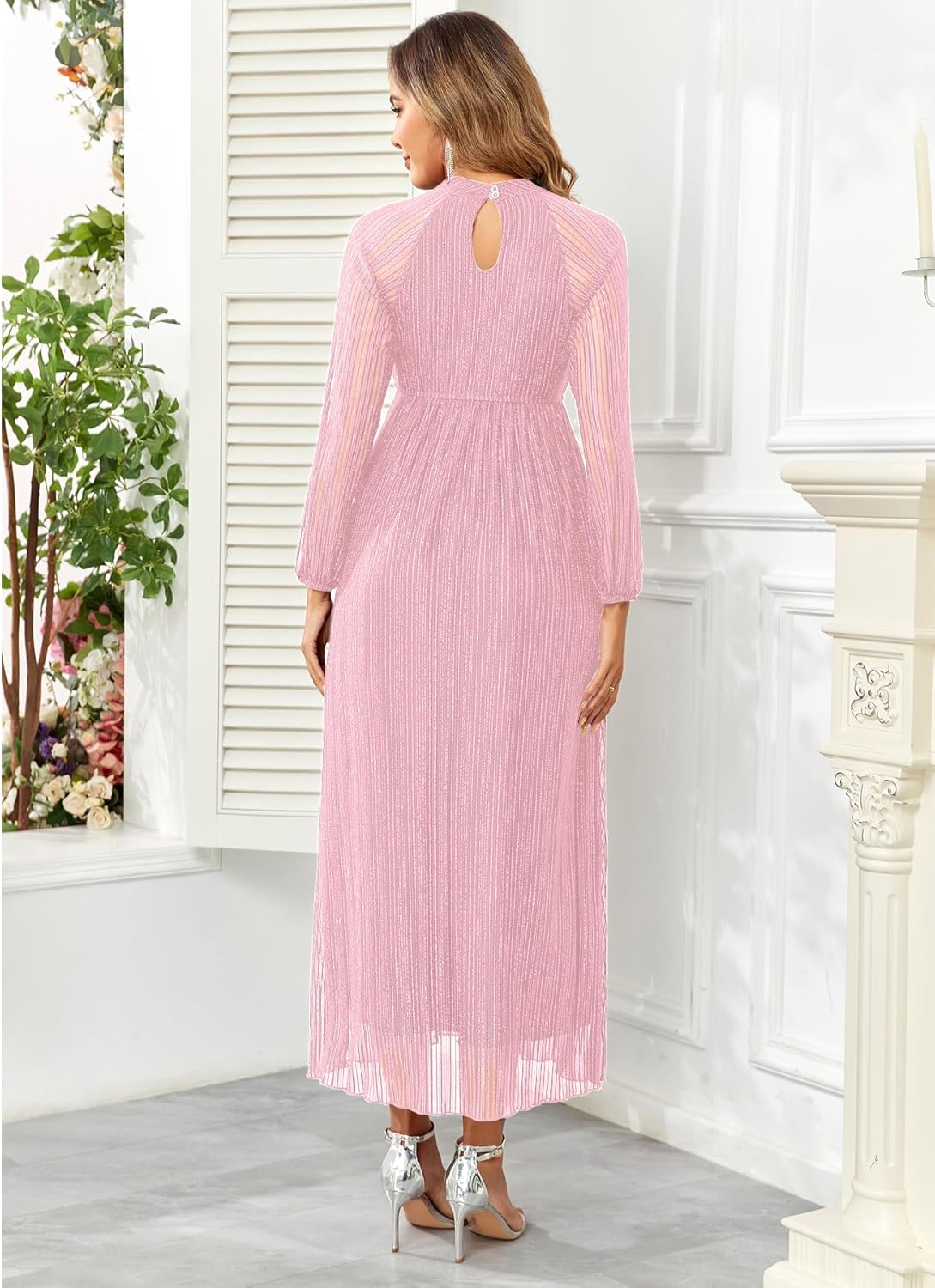 AISWI Maternity Sparkly Dress Halter Neck A Line Long-Sleeve Raglan Pregnancy Dresses Semi Formal Baby Shower Photoshoot