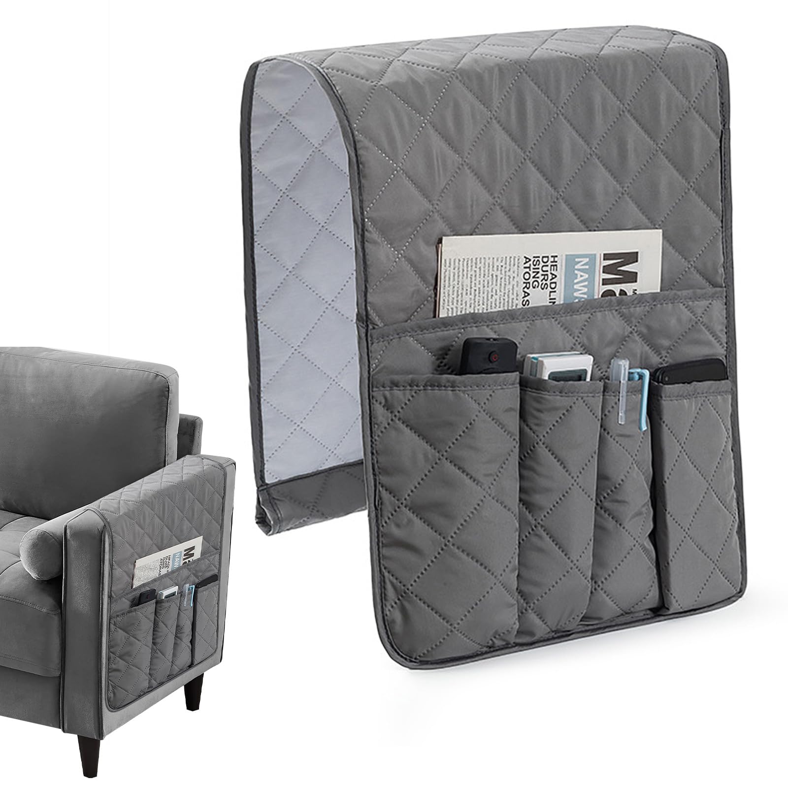 Sofa Armrest Organizer, Sofa Couch Waterproof Chair Armrest Durable Soft Caddy Organizer Holder for Phone, Cellphone, Book, Magazines, TV Remote Control, Space Saver Bag (Grey)