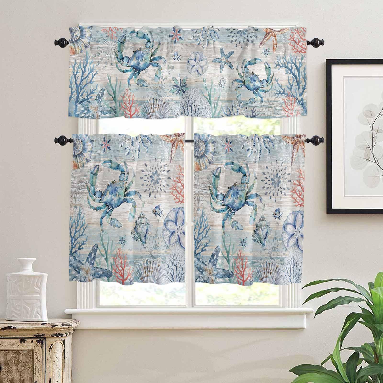 Coastal Crab Kitchen Curtains 36 Inch Length,3 Piece Rod Pocket Small Half Tiers and Valance Set,Nautical Beach Ocean Conch Coral Starfish Small Large Window Treatment Decor for Bedroom/Bathroom Sink