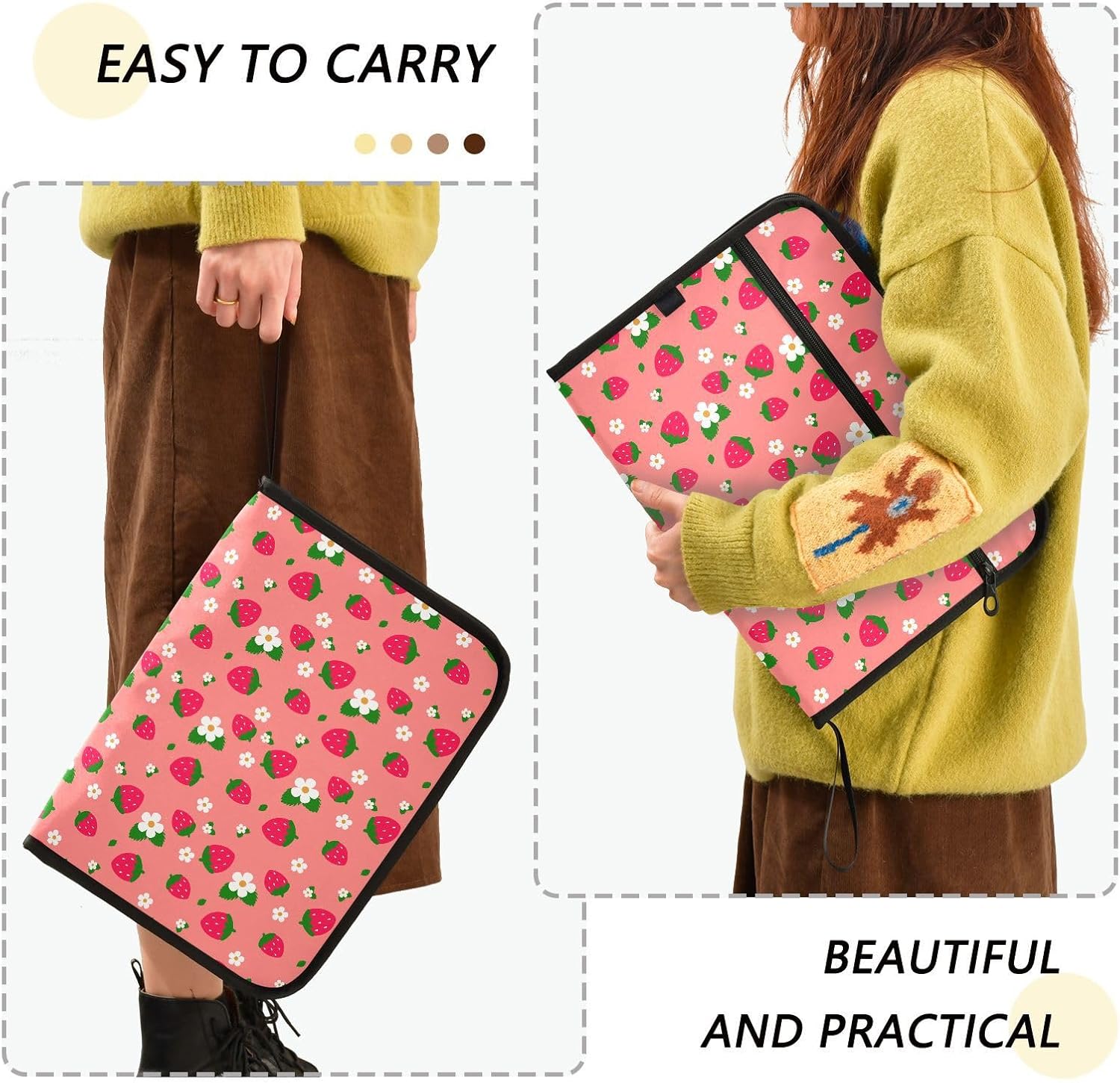 Expanding File Pocket Folder Organizer - Cute Strawberry Flower Accordion File with 13 Pockets - Portable Bill Receipt Folder