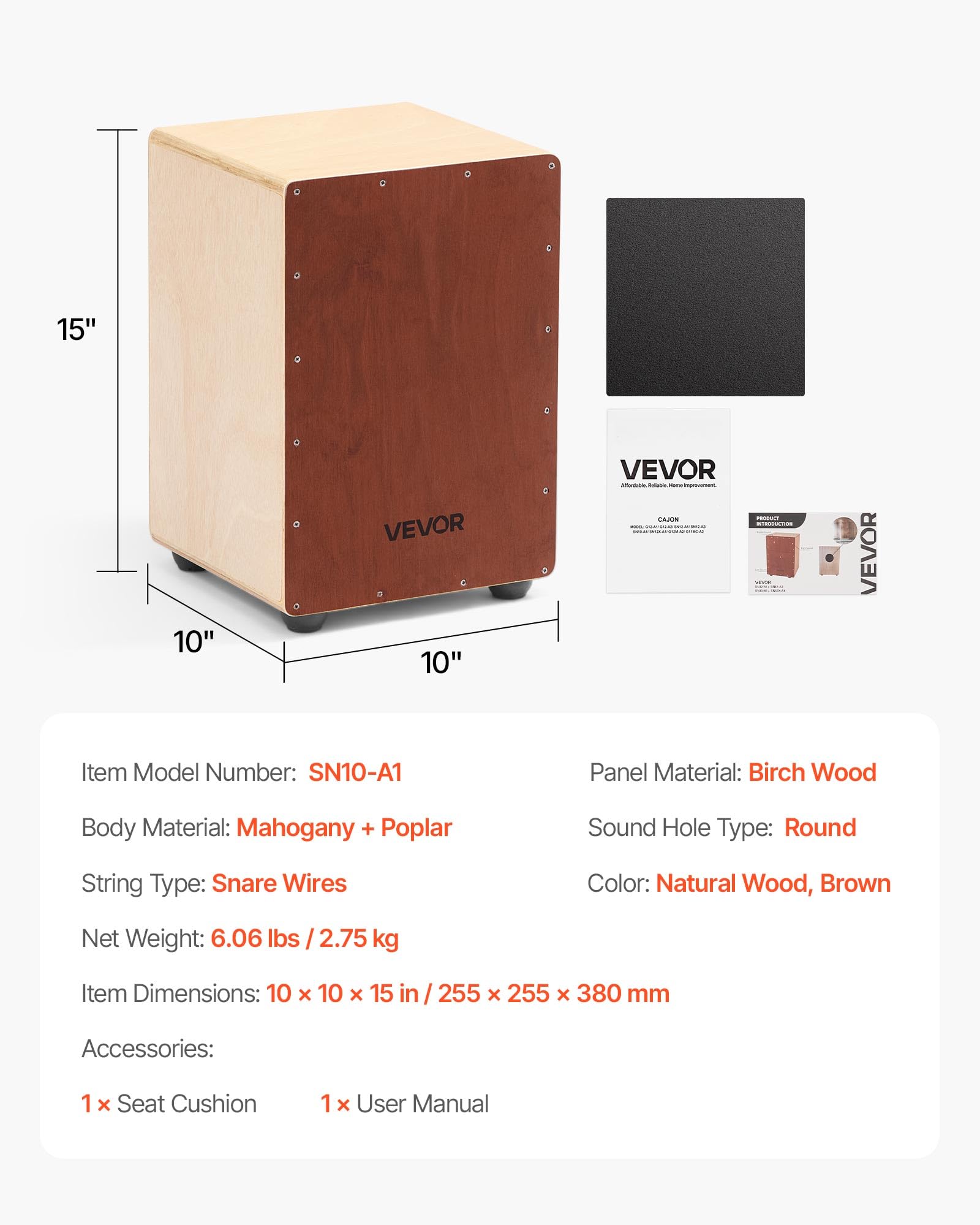 VEVOR Cajon avec Cordes de Caisse Claire Internes, Boite à Percussion Légère en Bois Bouleau, Instrument de Musique Portable avec Pieds en Silicone, pour Débutants, Professionnels, 25,5 x 25,5 x 38 cm