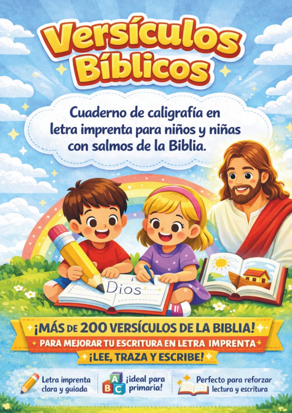 VERSÍCULOS BÍBLICOS: Caderno de Caligrafía en Letra Imprenta con Salmos y Proverbios de la Biblia Para Niños y Niñas de 5 a 10 Años | Extra Dibujos Bíblicos Para Colorear