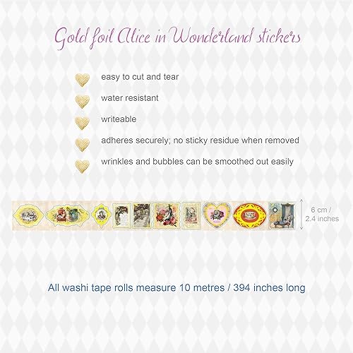 Miniatura 2 de Serenity Fair Alice Adventures in Wonderland Gold Foil Pegatinas de papel washi. Aproximadamente 160 pegatinas de lámina dorada