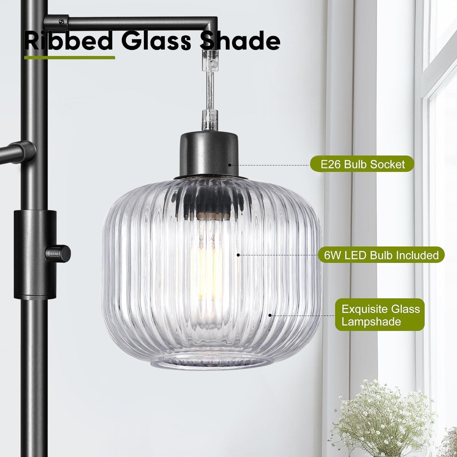 Modern Floor Lamp for Living Room, Dimmable Standing Lamp with Clear Glass Shade, Mid Century 3 Lights Tall Lamps for Bedroom, 3 x 600LM LED Bulbs Included