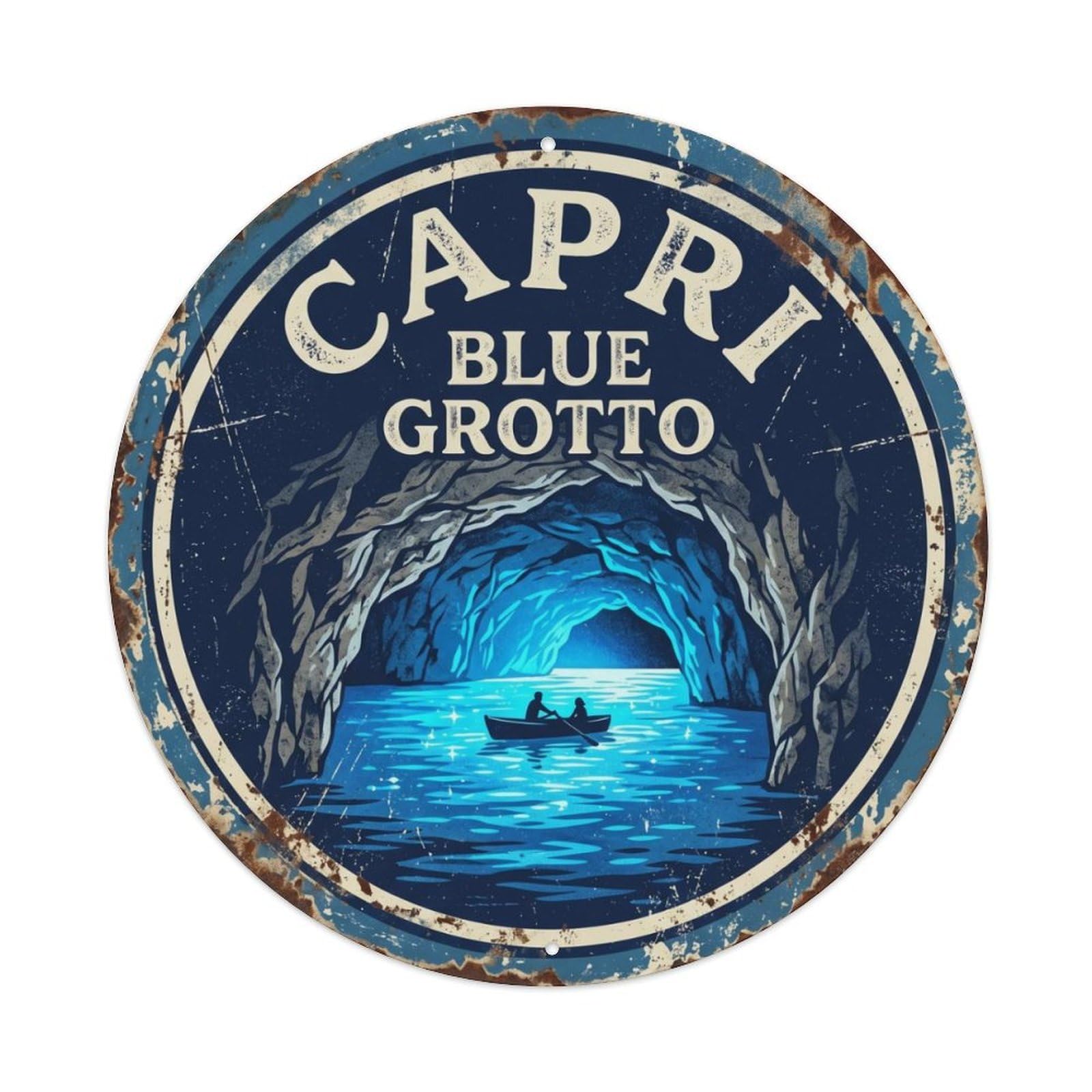 Vintage Travel Capri Grotto Italy Metal Tin Sign Plaque Wall Decor for Cafe, Club, Garden Round Metal Poster 8x8Inch