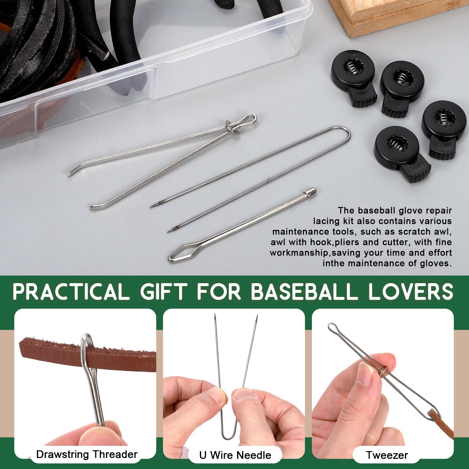 Keadic Kit de remplacement de gants de softball et de baseball de 13 pièces contenant des lacets en cuir de 200 cm, une aiguille à lacets, un enfile-cordon et des verrous de gants, un poinçon à