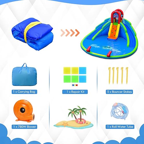 Miniatura 8 de HONEY JOY Toboganes acuáticos inflables, casa de rebote para niños con toboganes largos, pared de escalada y piscina de salpicaduras de lagre,