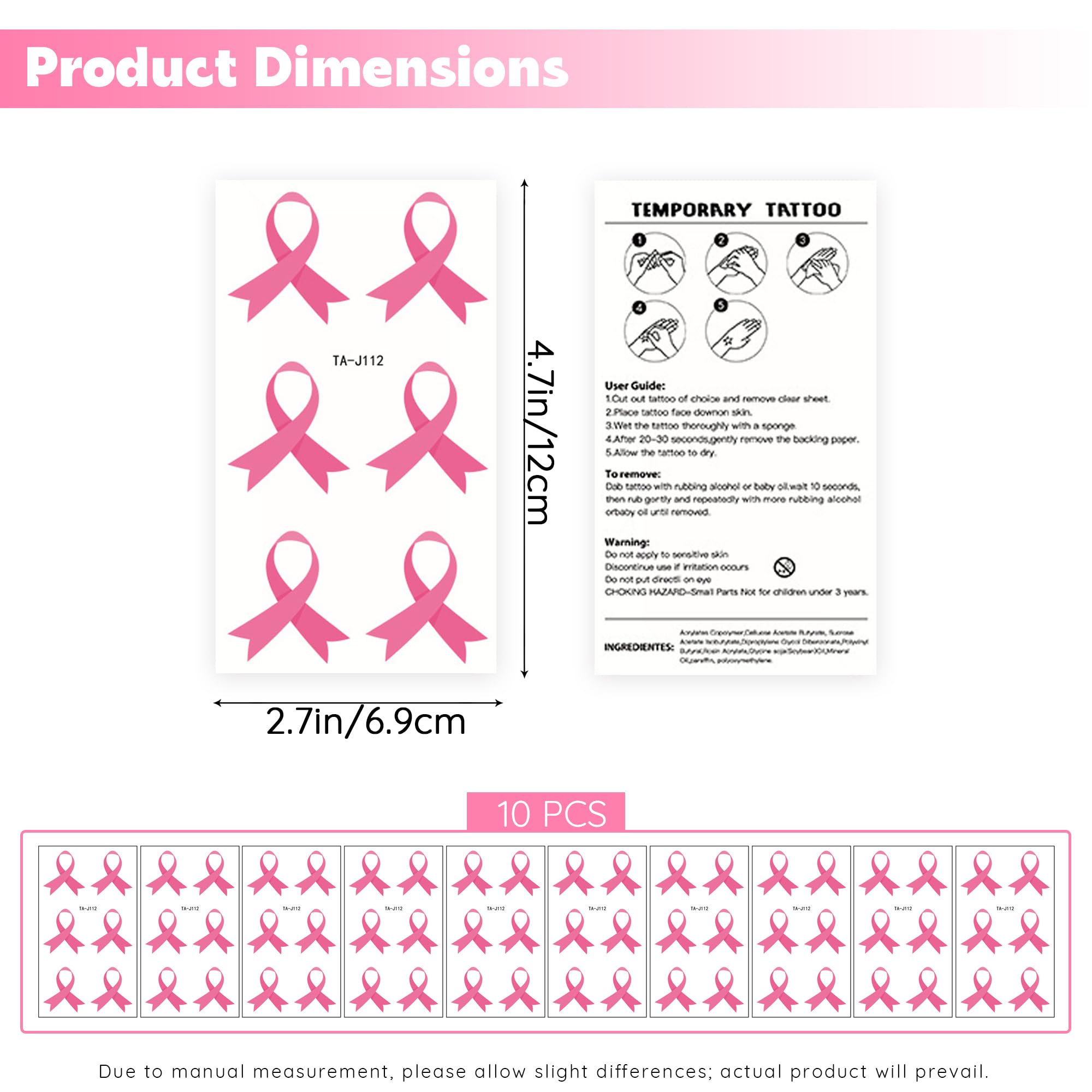 Cancer De Mama Tatuajes Temporales Cáncer De Mama - 10 Hojas Calcomanías Cinta Rosa Para Concienciación Y Eventos Concienciación Cáncer