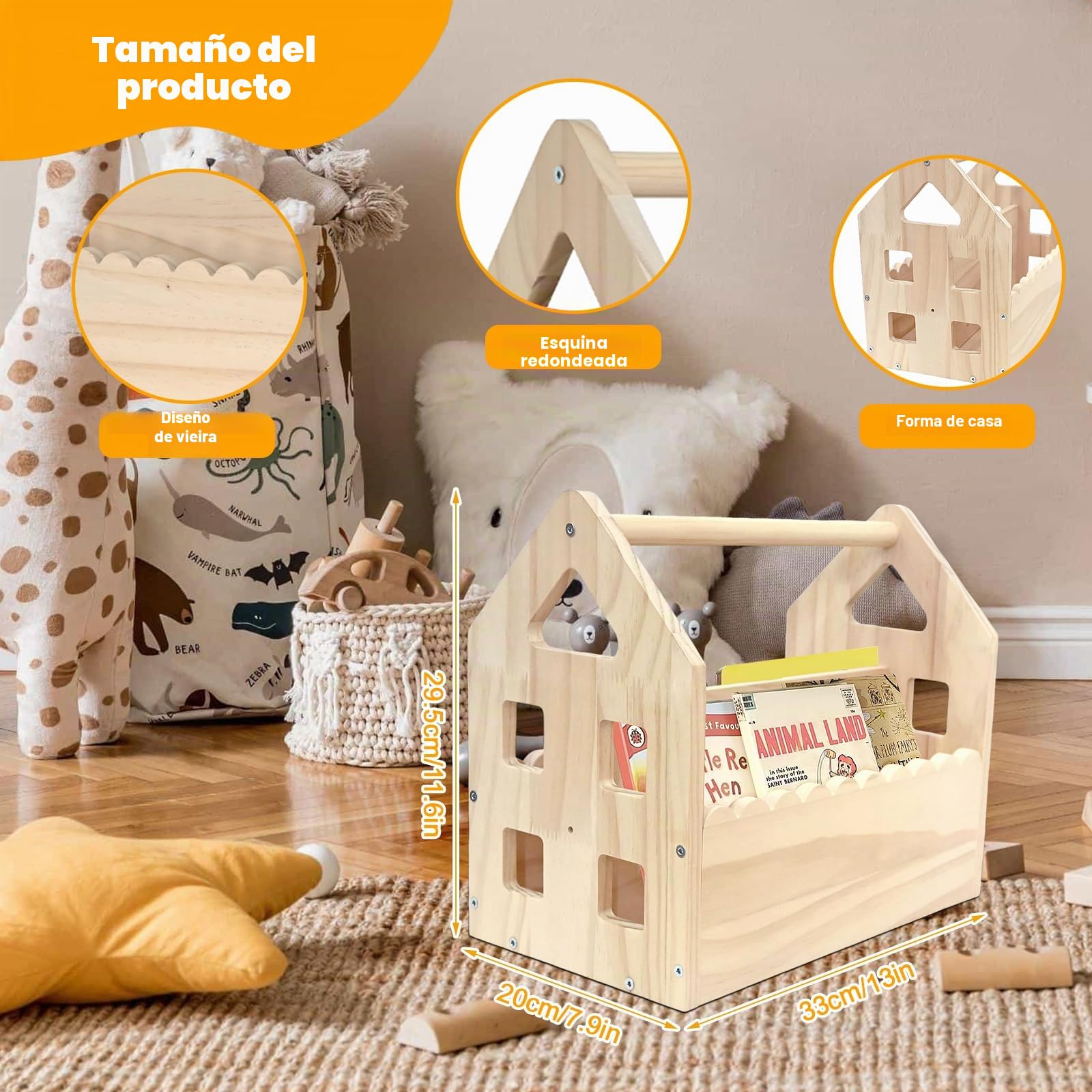 Estantería infantil de madera de pino Montessori, con asa, 2 estantes, pequeña, para habitación infantil, organizador de juguetes, 29,5 x 30,5 x 20 cm