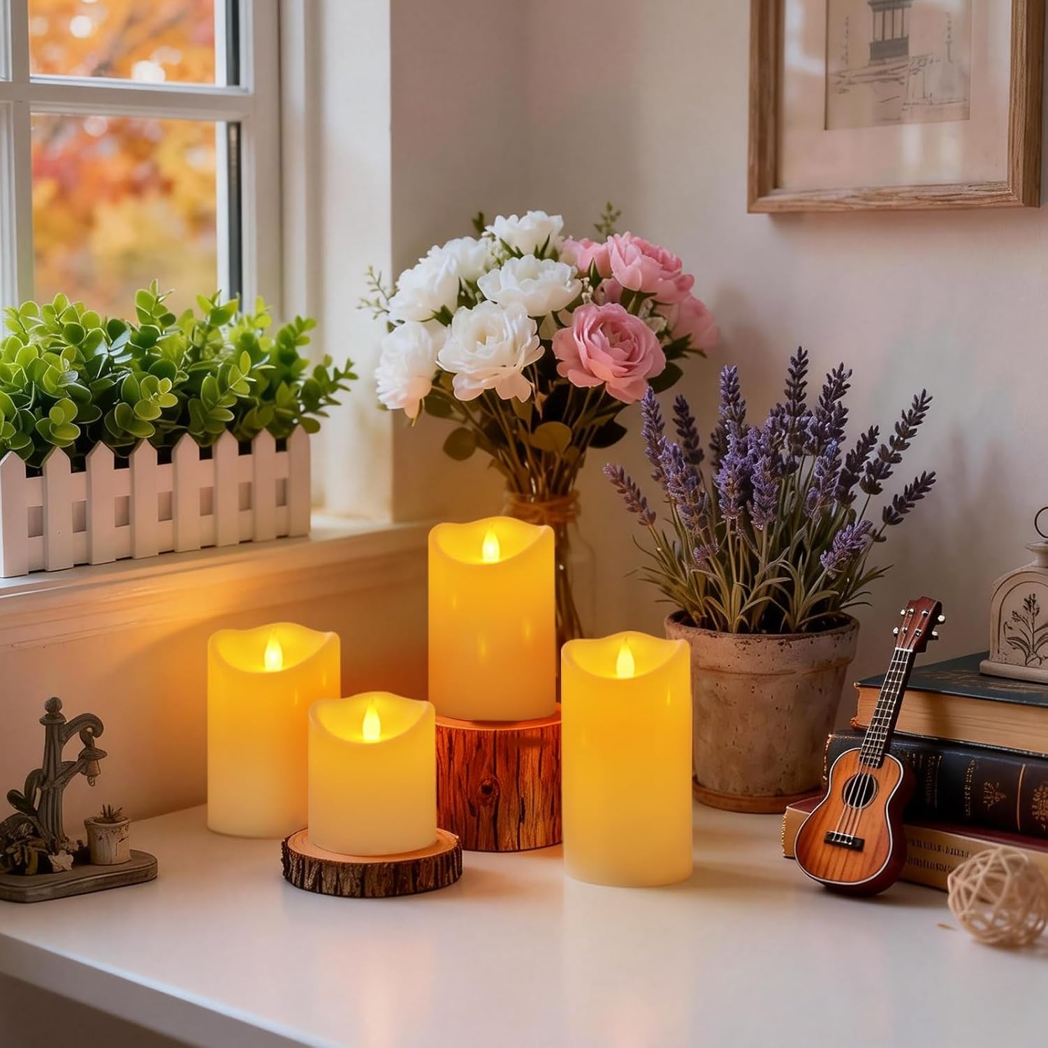 Outdoor Indoor Flameless Candles, Patented 3D Dual-LED, Set of 3 Slanted Top Resin Pillars with Remote, Table Centerpiece Trio for Living Room Shelf, Non-Melting Battery Operated Candles (Ivory) - Image 7