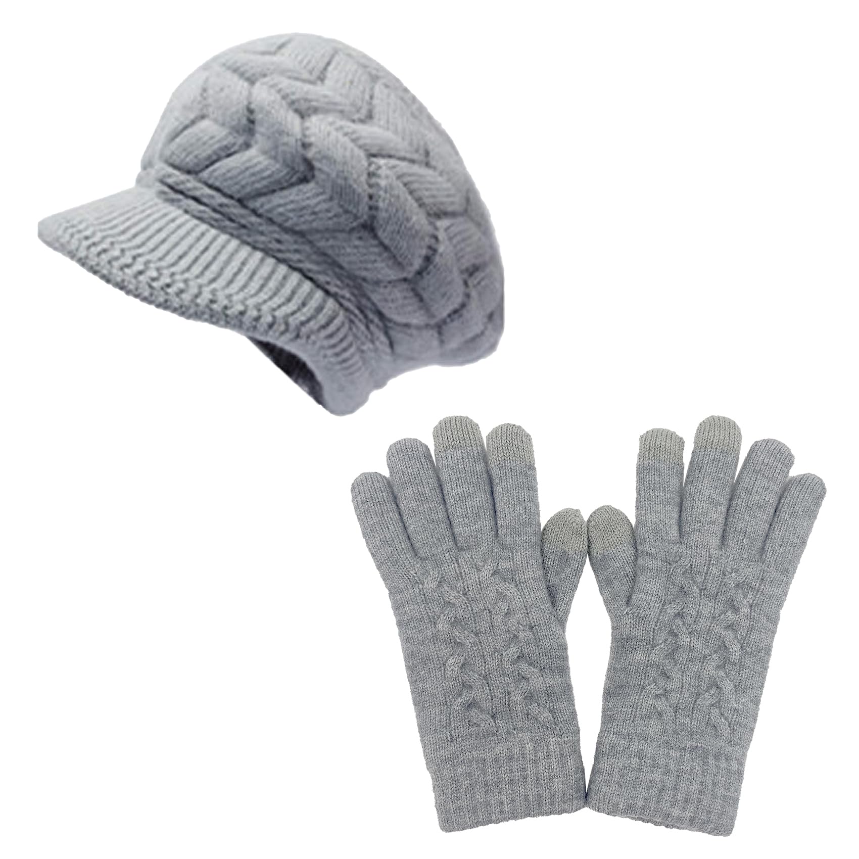 Ausuaya Women's Z1 Gray Hat + Touch Screen Gloves Winter Hat Brim, Wooly Knitted Beanie Hats Warm Fleece Lined & Visor For Wool Knit Newsboy Cap Uk-Ws-H1 (Uk, Alpha, M, )