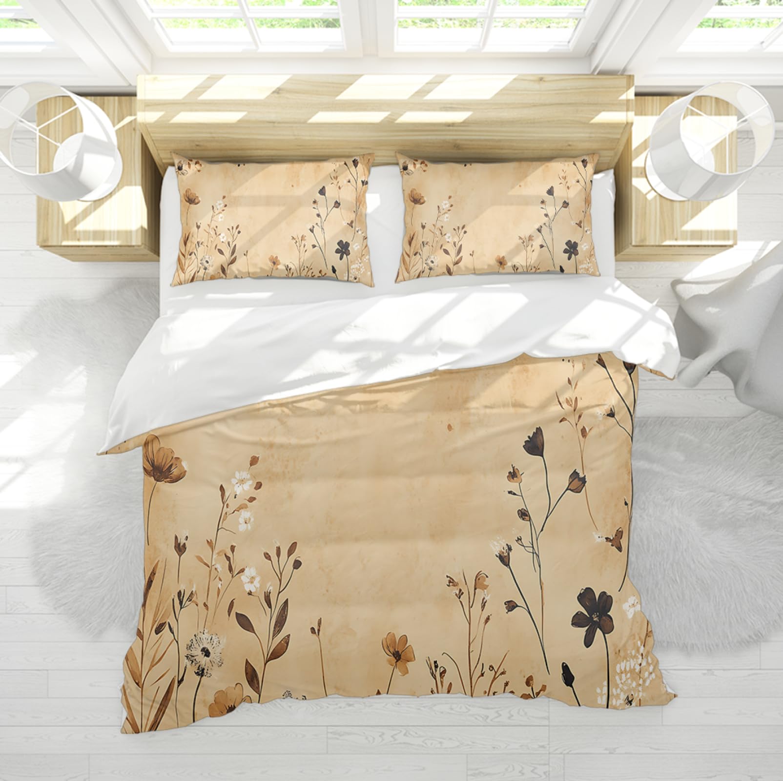 Housse de couette botanique beige marron ensemble de literie rustique 200x220cm