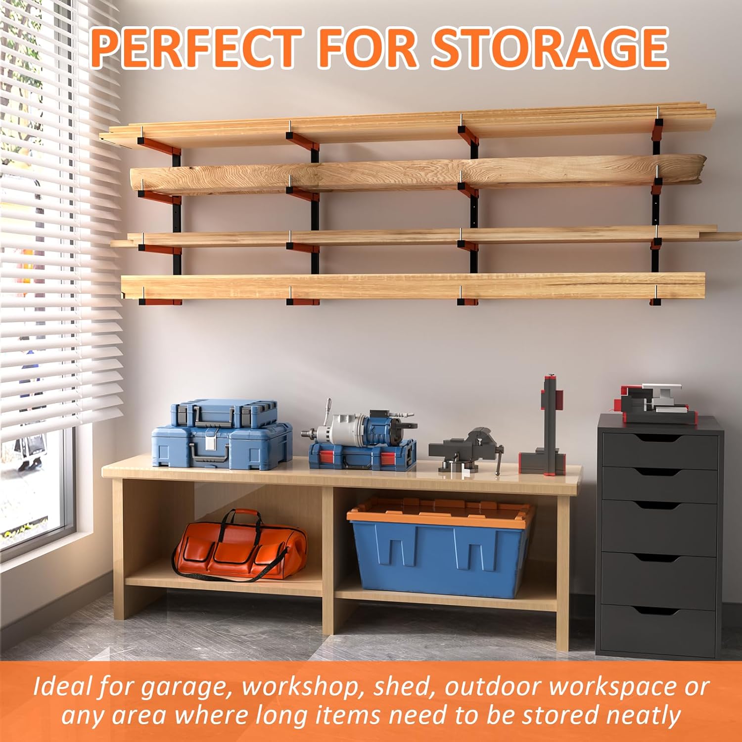 4 Pack Lumber Storage Rack, Wall Mount Removable Lumber Rack with 4-Level Holds Up 1040 Lbs, Heavy Duty Metal Garage Wood Organizer for Workshop, Basement, Indoor and Outdoor (4 Pack-8 Level)