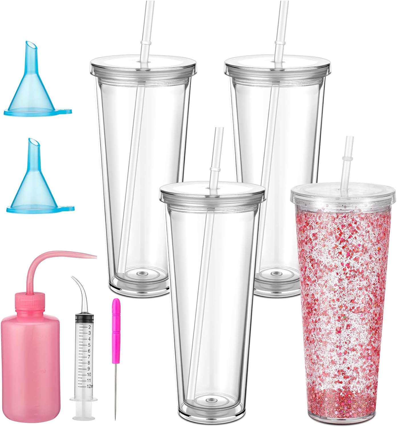 Teenyyou 9 Pcs Snow Globe Tumbler Supplies Plastic Snow Globe Cup with Squeeze Bottle Small Funnel Bent Syringe for Glitter Making DIY Craft Gift(24 oz)