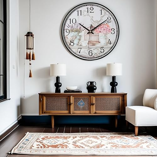 Miniatura 5 de MOVEBEST Reloj de pared retro de 12 pulgadas redondo de cristal silencioso sin garrapatas flor rosa patrón decorativo sala de estar reloj de pared