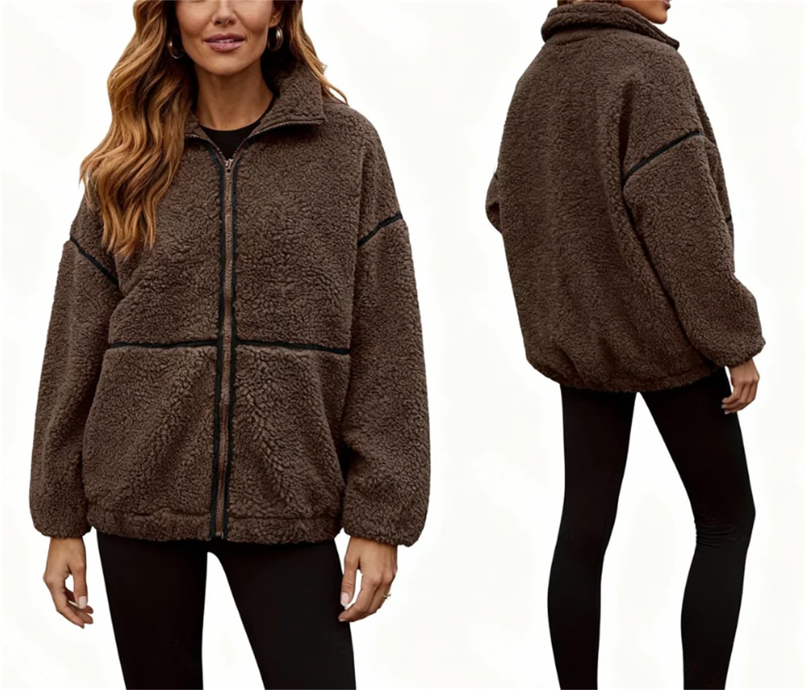 Generisch Damska kurtka polarowa Sherpa, kurtka zimowa w stylu oversize, z zamkiem błyskawicznym, puszysta damska kurtka zimowa z zamkiem błyskawicznym, swobodny płaszcz zimowy z kieszeniami