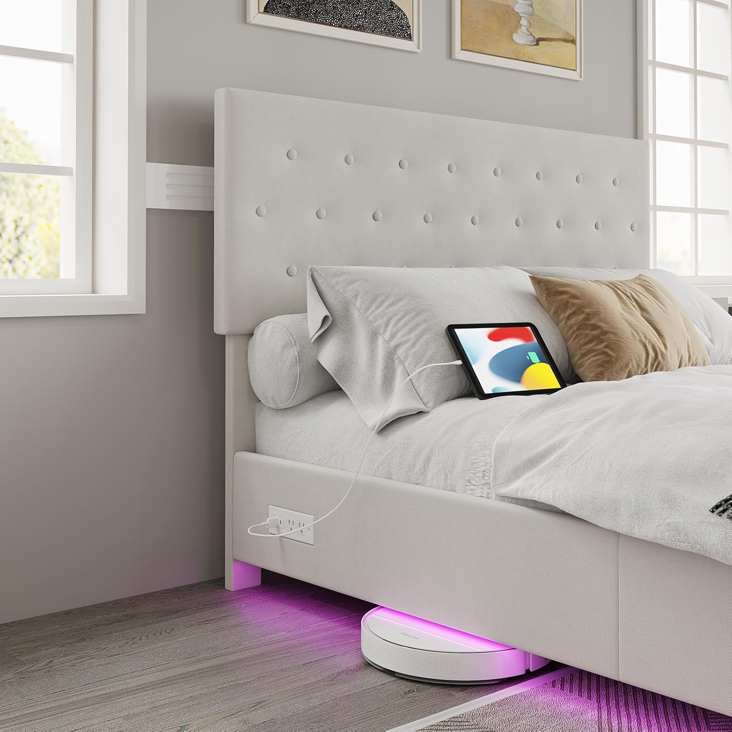 King-Size Floating Bed Frame with LED Lights and Charging Station, USB and Type-C Ports, Velvet-upholstered Metal Platform, Storage headboard, no Box Spring Required, Easy Assembly (White)