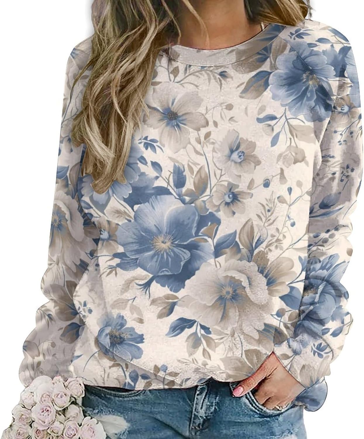 Womens Floral Sweatshirts 3D Graphic Printed Long Sleeve Pullover Shirts Y2K Trendy Tunic Tops for Girls
