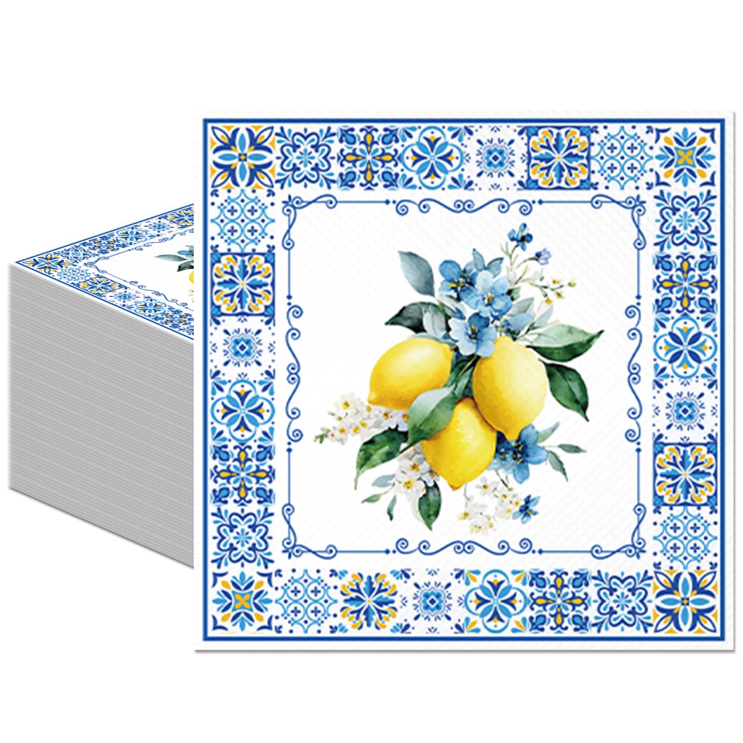 PURCAFT 20Pcs Blue Tiles Lemon Napkins Capri Lemon Bridal Shower Party Decorations Amalfi Coast Lemon Theme Disposable Napkins 6.5" x 6.5" for Wedding Birthday Bachelorette