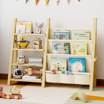 منظم تخزين الألعاب مع رف الكتب للأطفال ، Montessori Wooden Toy Organizer Book Shelf for Kids Rooms، Nursery، Playroom، Child، Baby، Toddler Bookcase، Toys Rack Fabric Sling Shelves