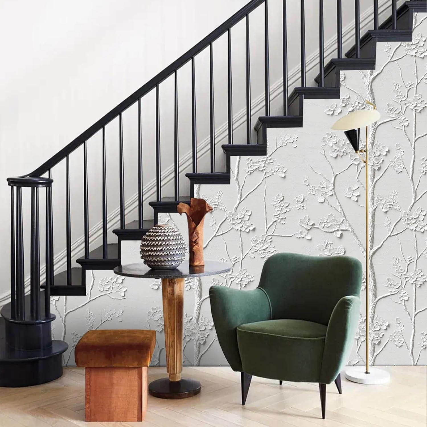 White Floral Wallpaper Peel and Stick Self Adhesive Vivid Vintage Pattern Branches Flower Contact Paper Removable Waterproof for Bedroom Renter Friendly 17.71"x 236.2"