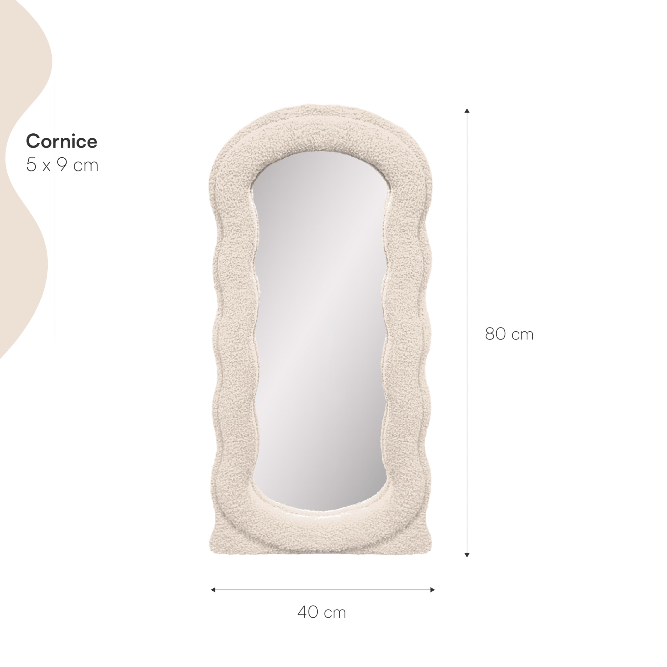 Baroni Home Specchio da Parete, Specchio con Cornice Ondulata Imbottita in Tessuto Bouclè, Specchio Decorativo Moderno Soggiorno, Camera da Letto, Corridoio 80x40 cm Beige