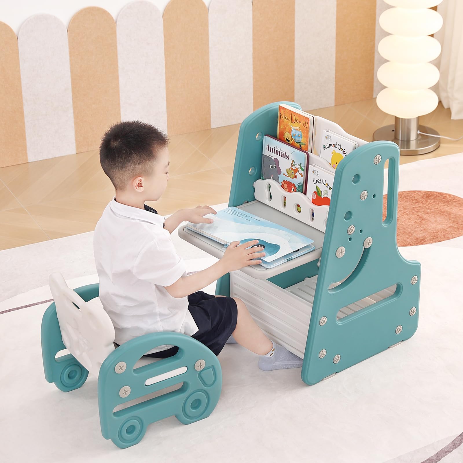 Juego de mesa y silla para niños, caballete de arte convertible 3 en 1 y estantería de exhibición con tablero de pintura magnético, estante de almacenamiento inferior, juego de mesa de 7