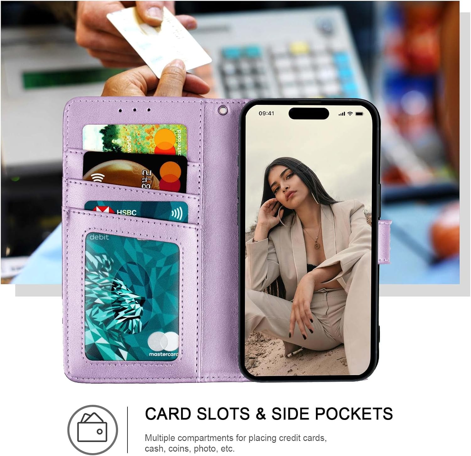 Wallet Case for iPhone 15 Pro Max,[RFID Blocking] 3 Card Holder Stand with Credit Card Slot PU Leather Magnetic Protective Flip Cover for iPhone 15 Pro Max (Light Purple) - Image 2