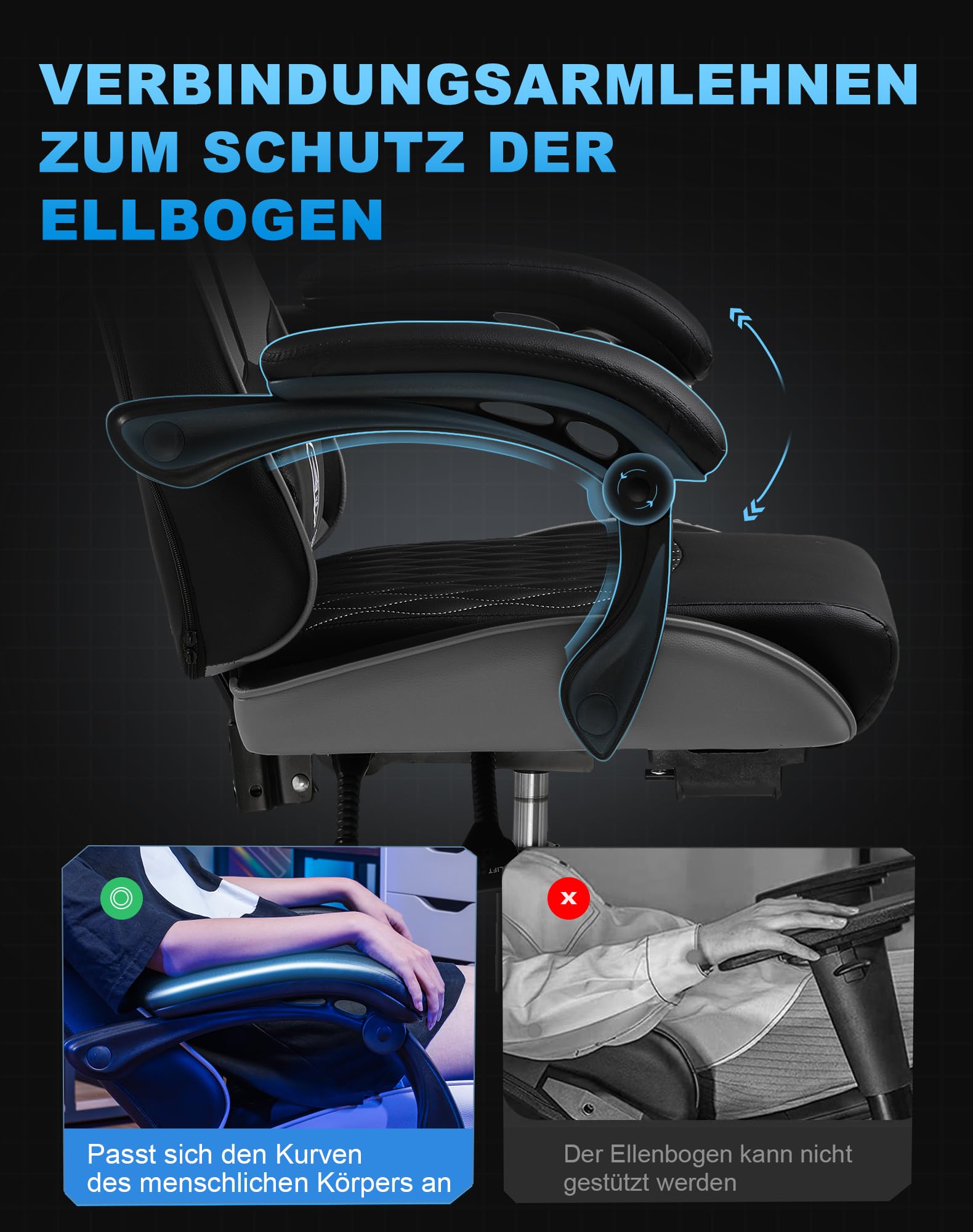 GTPLAYER Gaming Stuhl - Ergonomischer Bürosessel mit Verstellbarer Lordosen-/Kopfstütze & Fußstütze, 150 kg Belastbarkeit, Grau | Gaming Chair, PC Stuhl, Schreibtischstuhl