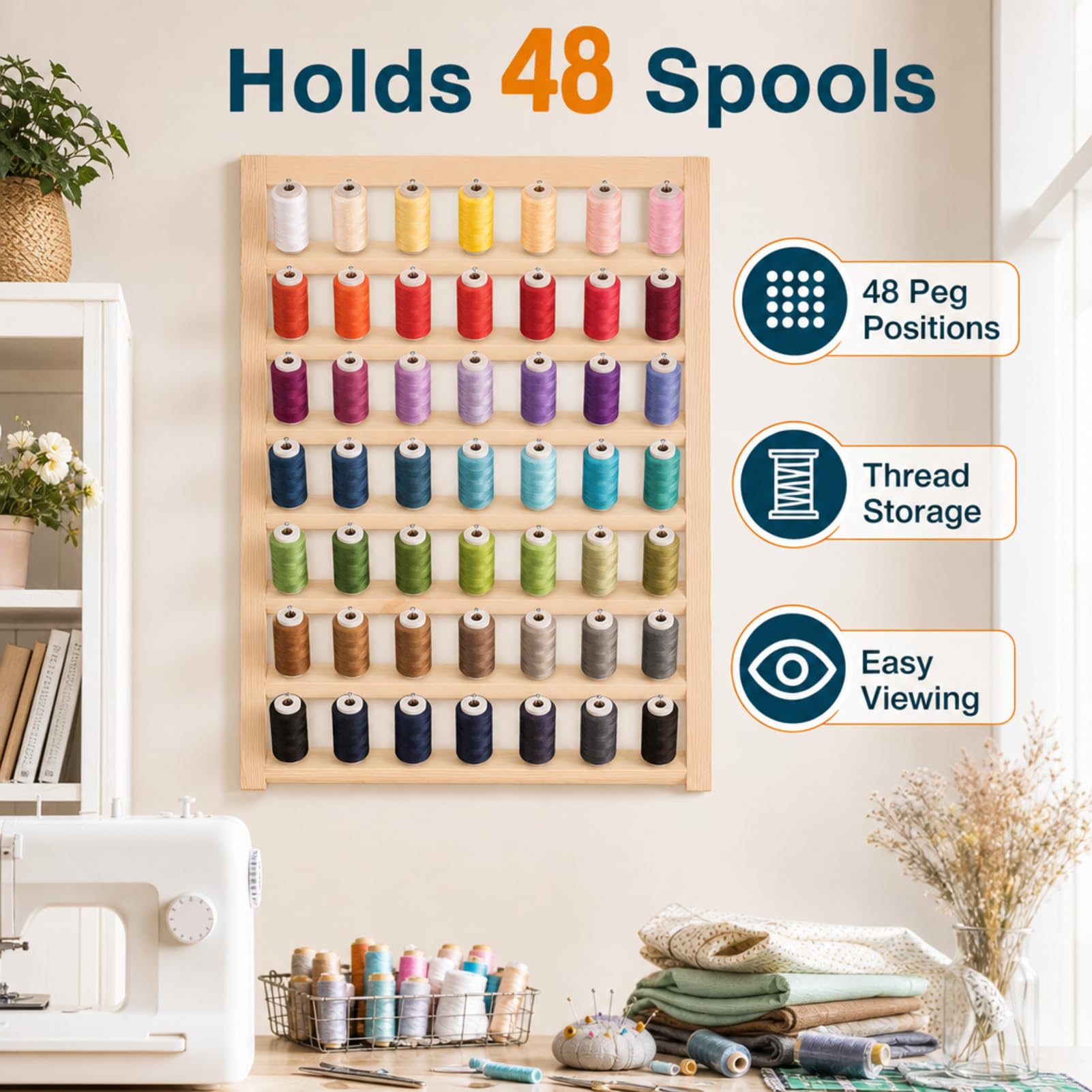 Support de fil à 48 bobines avec crochet de suspension, support mural en bois pour broderie, tressage de cheveux, couture, bricolage, bobine de broderie écologique
