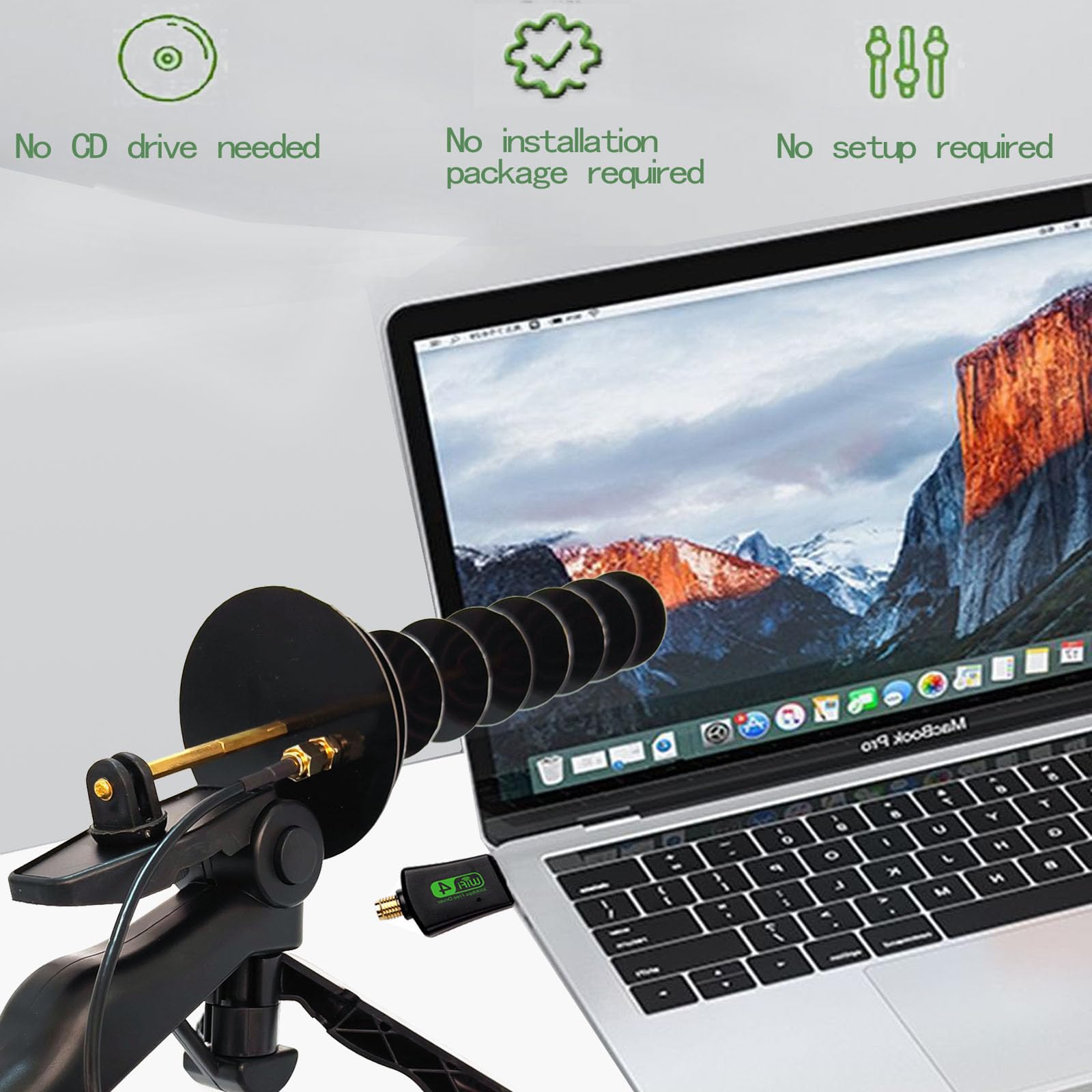 Antena direccional Yagi de 2.4 GHz Adaptador WiFi USB de largo alcance compatible con sistemas Windows 11/10//8/7, no requiere controlador de CD para PC de escritorio/portátil. Características