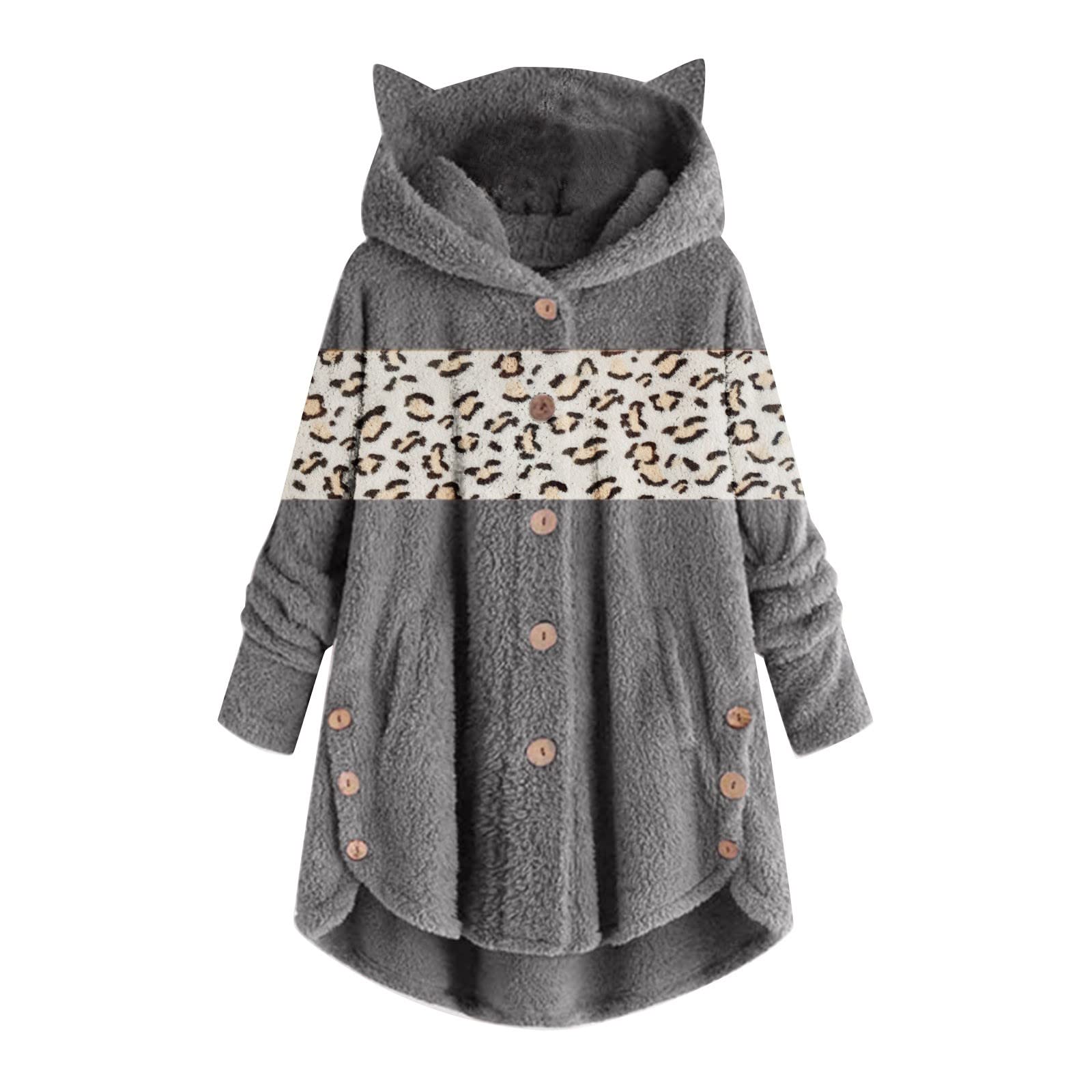 Womens Sweatshirts Plus Size Casual Button Up Hoodie Fuzzy Fleece Cozy Jackets Outwear Winter Warm Thickened Padded Coats