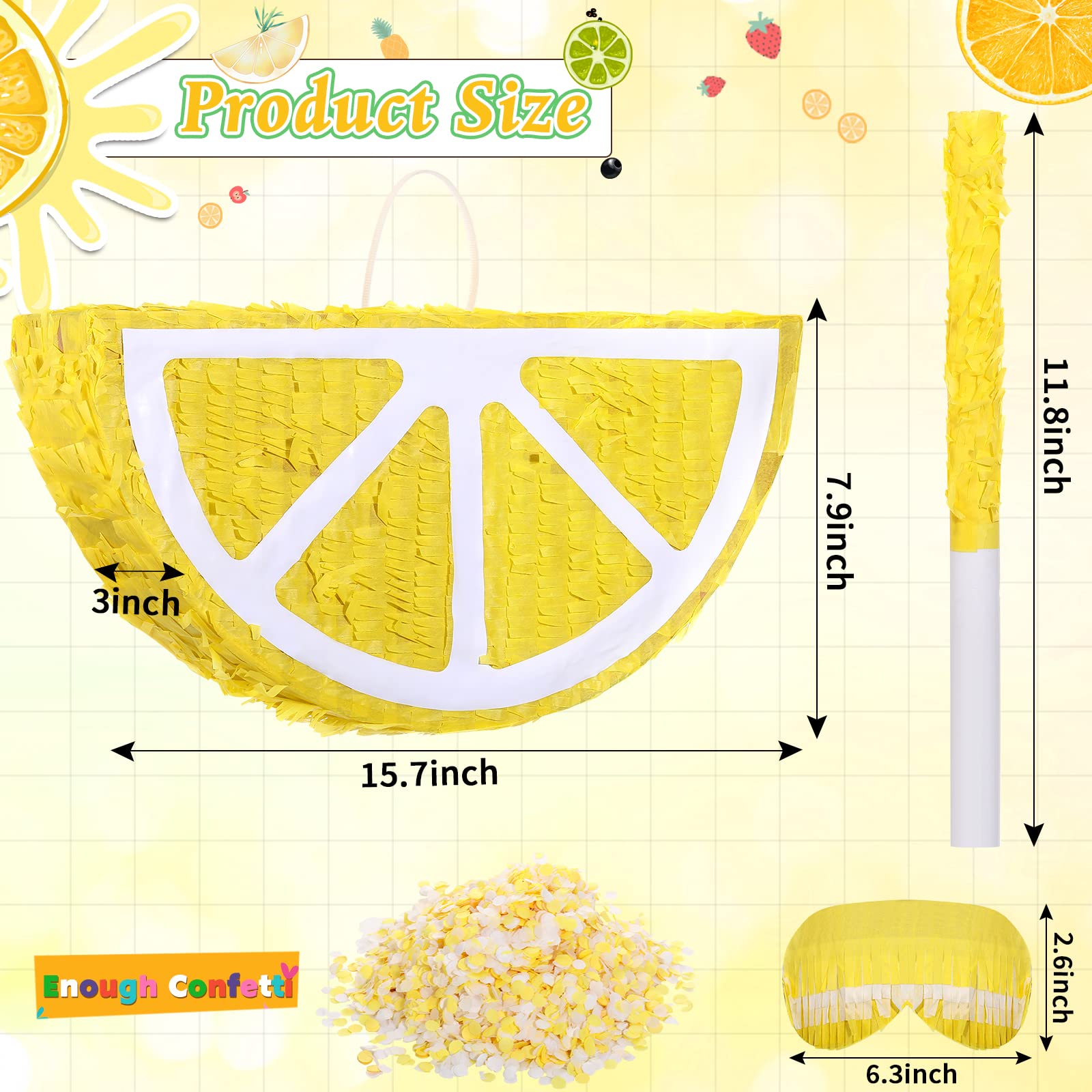 Sratte Lemon Piñata Fruit Summer Theme Includes Stick Blindfold Confetti Fruit Piñata Birthday Party Decorations for Summer Tropical Party Supplies Fiestas Carnival Game