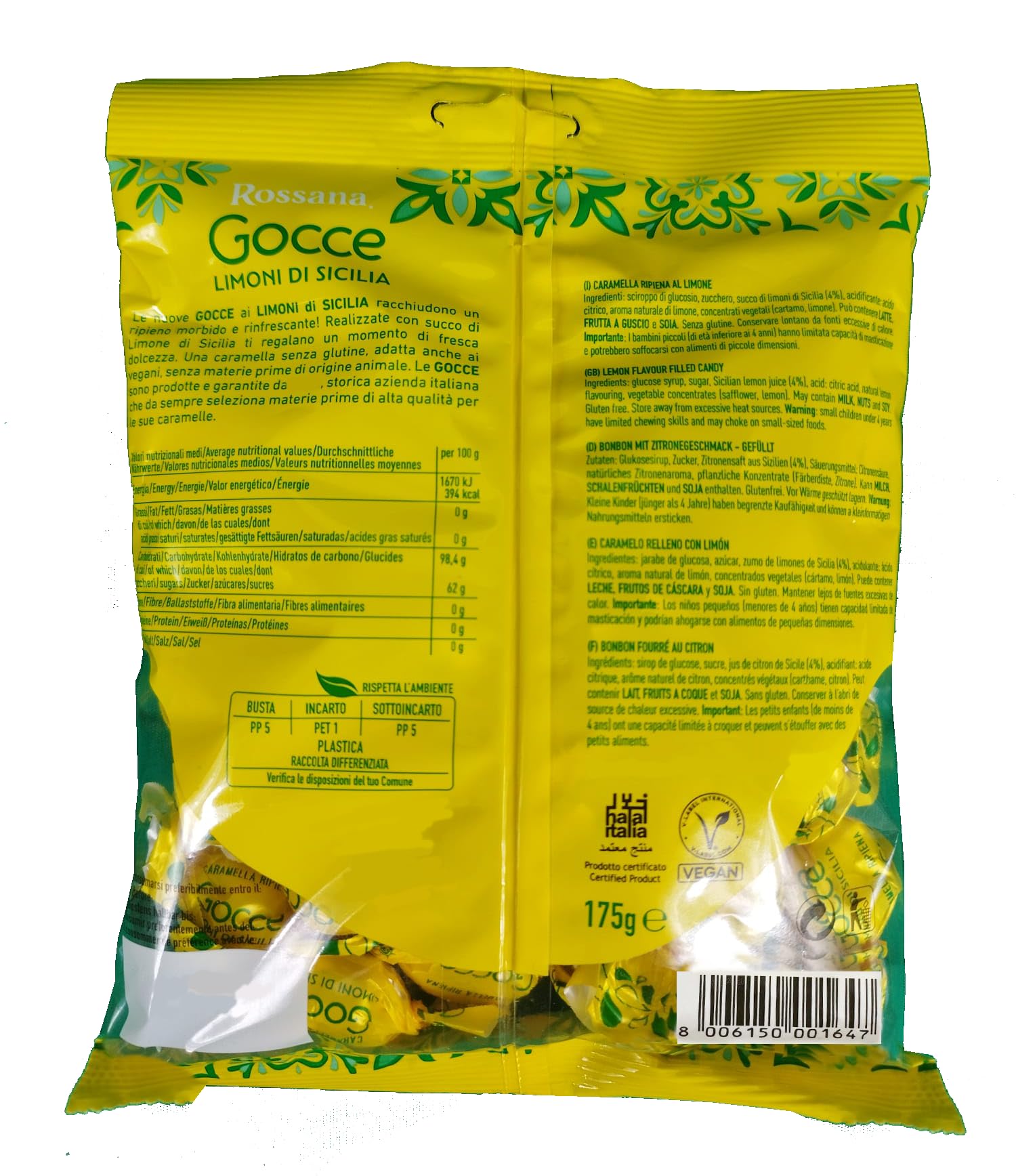 Rossana Gocce Limoni di Sicilia Caramelle Ripiene con Succo di Limone Senza Glutine (Gluten Free) Vegan 175g [BOX da 10 Confezioni]