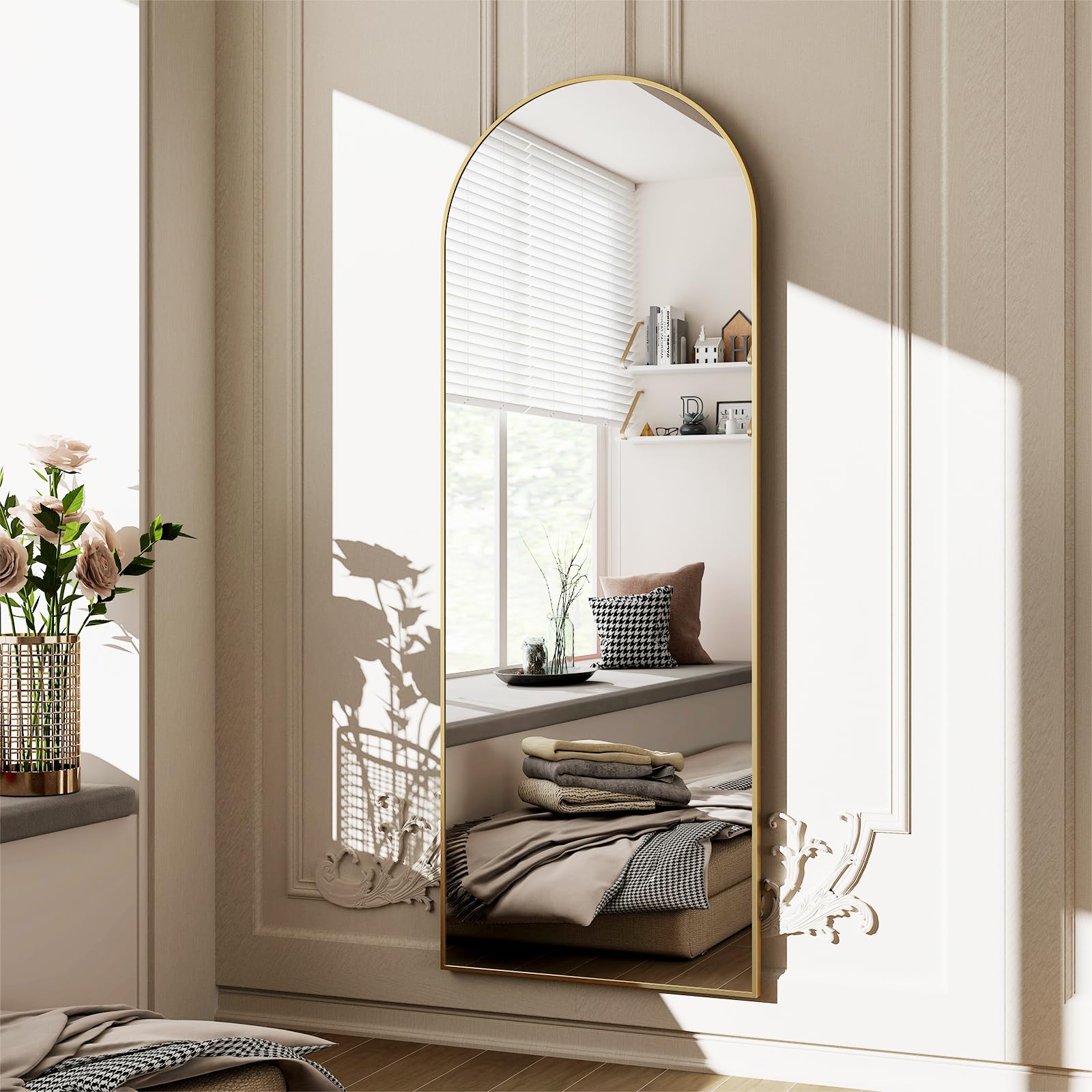 HARRITPURE 162,6 x 53,3 cm volledige lengte spiegel gebogen volledige spiegel vrijstaande leunende spiegel wandspiegel aluminium frame moderne spiegels voor woonkamer slaapkamer garderobe, zwart