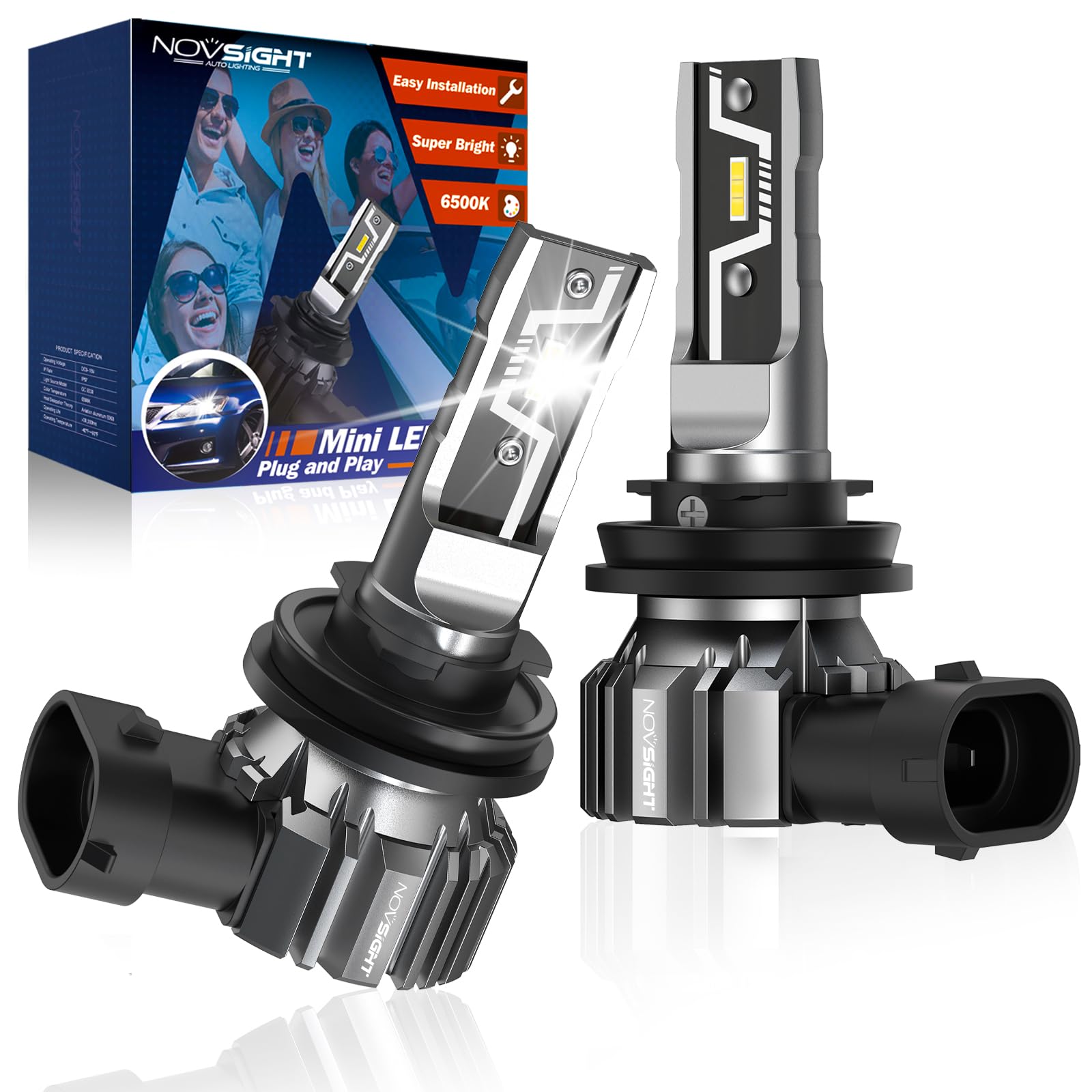 NOVSIGHT H11 H8 H16 LED Fog Light Bulbs - 500% Upgraded Super Brighter 6500K Cool White, 1:1 Design Plug and Play, 50000+ Lifespan, H11 Automotive Fog Lamps, Pack of 2